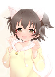 Rule 34 | 1girl, akagi miria, animal ears, black hair, blush, breasts, brown eyes, cat ears, cat tail, collarbone, commentary request, highres, hood, hoodie, hosizora mikoto, idolmaster, idolmaster cinderella girls, long sleeves, open mouth, short hair, small breasts, solo, tail, teeth, two side up, upper body, upper teeth only, yellow hoodie