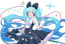 Rule 34 | black bow, black dress, blue eyes, blue hair, blue neckwear, blush, bow, cable, chi ya, commentary, cowboy shot, dress, framed breasts, frilled dress, frills, gloves, hair bow, hair ornament, hatsune miku, headphones, holding, holding microphone stand, long hair, looking at viewer, magical mirai (vocaloid), magical mirai miku, magical mirai miku (2016), microphone stand, necktie, open mouth, outstretched hand, short necktie, sleeveless, sleeveless dress, smile, sparkle, standing, twintails, very long hair, vocaloid, waving, white background, white gloves
