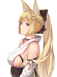 Rule 34 | 1girl, animal ear fluff, animal ears, bare shoulders, black bow, black choker, black sash, bow, braid, breasts, choker, closed mouth, commentary request, crown braid, detached leggings, erune, fox ears, from side, gold trim, granblue fantasy, hair bow, japanese clothes, kimono, long hair, looking at viewer, medium breasts, obi, ponytail, red eyes, sash, sideboob, simple background, solo, terry (pixiv3274443), upper body, very long hair, white background, white kimono, yuisis (granblue fantasy)