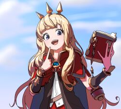 Rule 34 | 1girl, azmira1534815, blonde hair, blue eyes, blue sky, book, cagliostro (granblue fantasy), cape, finger to cheek, granblue fantasy, hairband, highres, holding, holding book, long hair, open mouth, outdoors, sky, solo, spiked hairband, spikes, upper body