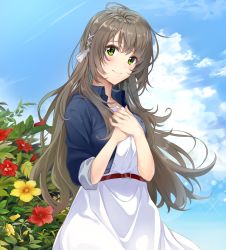 Rule 34 | 1girl, belt, brown hair, cloud, cloudy sky, commentary, flower, green eyes, hair ornament, hand over heart, hands on own chest, hat, highres, jacket, long hair, looking at viewer, miyazawa fuuka, sayuuiede, shiroi suna no aquatope, sidelocks, sky, sleeves pushed up, solo