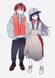 Rule 34 | 1boy, 1girl, acubi tomaranai, arms behind back, baseball cap, black hair, blunt bangs, boots, brown footwear, coat, commentary request, denim, drawstring, fern (sousou no frieren), full body, grey hoodie, hands in pockets, hat, hood, hood down, hoodie, jeans, long hair, looking at viewer, multicolored hair, orange sweater, orange vest, pants, purple eyes, purple hair, red eyes, red hair, red scarf, scarf, short hair, simple background, socks, sousou no frieren, stark (sousou no frieren), sweater, trench coat, turtleneck, turtleneck sweater, unworn scarf, vest, white background, white sneakers, white socks