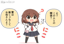 Rule 34 | 1girl, 1koma, ?, anchor symbol, bag, black sailor collar, black skirt, black thighhighs, brown eyes, brown hair, chibi, comic, commentary request, full body, goma (yoku yatta hou jane), ikazuchi (kancolle), kantai collection, neckerchief, open mouth, pleated skirt, red neckerchief, sailor collar, school uniform, serafuku, short hair, shoulder bag, simple background, skirt, smile, solo, standing, thighhighs, translation request, twitter username, white background
