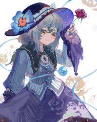 Rule 34 | 1girl, arm at side, arm up, bad id, bad twitter id, black hat, blue bow, bow, closed mouth, dress, fingernails, flower, green hair, green nails, hair between eyes, hair flower, hair ornament, hand up, hat, hat bow, highres, holding, holding flower, koishi day, komeiji koishi, kusariuta, long sleeves, nail polish, red flower, red rose, rose, smile, solo, standing, third eye, touhou, wide sleeves