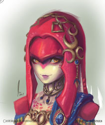Rule 34 | 1girl, colored skin, fins, fish girl, gorget, hair ornament, highres, justin paul, lips, long hair, looking at viewer, mipha, monster girl, multicolored skin, nintendo, no eyebrows, no nose, red hair, red skin, solo, the legend of zelda, the legend of zelda: breath of the wild, upper body, white skin, yellow eyes, zora