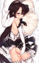 Rule 34 | 1boy, anus, ass, backless dress, backless outfit, bad id, bad pixiv id, bare back, bare shoulders, bow, brown eyes, brown hair, censored, dakimakura (medium), dress, dress bow, elbow gloves, from side, gloves, hair between eyes, halo, kirito, kirito (sao-ggo), long hair, looking at viewer, male focus, mechanical halo, mosaic censoring, hugging object, on bed, penis, perineum, pillow, pillow hug, purple eyes, seductive smile, short dress, shoulder pads, smile, solo, straight hair, strapless, strapless dress, sword art online, thighhighs, trap, twisted torso, white dress, white gloves, white thighhighs, yaguo