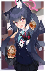 Rule 34 | 1girl, @ @, absurdres, animal ears, applepie 1201, black hair, blue archive, blue jacket, blue necktie, cat ears, checkered clothes, checkered skirt, fang, food, grey skirt, halo, highres, jacket, long hair, looking at viewer, necktie, open mouth, serika (blue archive), shirt, skin fang, skirt, solo, takoyaki, twintails, white background, white shirt