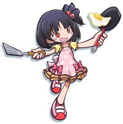 Rule 34 | 1girl, absurdres, apron, blush stickers, bow, brown eyes, brown skirt, child, commentary request, dot nose, fried egg, frying pan, full body, hair bobbles, hair ornament, highres, holding, holding frying pan, holding spatula, idolmaster, idolmaster million live!, layered skirt, looking at another, maharagi 375p, nakatani iku, open mouth, outstretched arms, pink apron, pink bow, pink footwear, polka dot, polka dot apron, puyopuyo, shadow, shirt, short hair, short sleeves, side ponytail, skirt, solo, spatula, standing, standing on one leg, v-shaped eyebrows, white background, yellow shirt