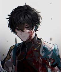 Rule 34 | 1boy, black shirt, blood, blood on clothes, blood on face, chinese clothes, closed mouth, coat, dan heng (honkai: star rail), earrings, green eyes, hair between eyes, highres, honkai: star rail, honkai (series), jewelry, male focus, oryunbunkosu, shirt, short hair, simple background, solo, upper body, white background, white coat, zipper