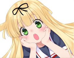Rule 34 | 1girl, :o, blonde hair, blush, commentary request, green eyes, hair ribbon, hands on own face, kantai collection, long hair, looking at viewer, malino (dream maker), portrait, ribbon, simple background, solo, white background, yuudachi (kancolle)
