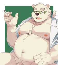 Rule 34 | 1boy, animal ears, bara, bare pectorals, bear boy, bear ears, blush, bottomless, cigarette, fang, fat, fat man, furry, furry male, glasses, green-framed eyewear, highres, large pectorals, leib (housamo), looking at viewer, male focus, mature male, muscular, muscular male, nipples, open clothes, open shirt, out-of-frame censoring, pectorals, penis out of frame, shirotoki (qdng0atngbaqmce), short hair, skin fang, smile, solo, stomach, thick eyebrows, tokyo houkago summoners