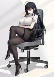 Rule 34 | 1girl, absurdres, ahoge, ankle strap, arm under breasts, azur lane, belt, black footwear, black pantyhose, black skirt, breasts, button gap, chair, closed mouth, collared shirt, crossed bangs, crossed legs, full body, hair between eyes, hand up, high-waist skirt, high heels, highres, large breasts, legs, o-ring, o-ring thigh strap, office chair, office lady, on chair, pantyhose, pencil skirt, red eyes, shirt, shirt tucked in, sitting, skindentation, skirt, solo, suo bu ye feng, swivel chair, taihou (azur lane), thigh strap, white shirt