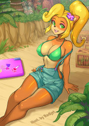 Rule 34 | 1girl, aged up, animal ears, artist name, bare arms, bare legs, bare shoulders, bikini, blonde hair, body fur, breasts, cleavage, coco bandicoot, collarbone, commentary, crash bandicoot (series), denim, denim shorts, feet out of frame, flower, furry, furry female, green bikini, green eyes, hair flower, hair ornament, large breasts, long hair, looking at viewer, nature, on ground, open mouth, outdoors, plant, ponytail, purple flower, redjet, shorts, sitting, smile, solo, suspender shorts, suspenders, swimsuit, teeth, upper teeth only