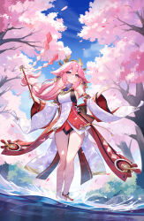 Rule 34 | 1girl, absurdres, animal ears, bare shoulders, blue sky, blush, breasts, cherry blossoms, detached sleeves, earrings, fox ears, genshin impact, hair ornament, highres, jewelry, lalazyt, large breasts, long hair, necklace, pendant, pink hair, purple eyes, red skirt, sidelocks, skirt, sky, sleeveless, solo, thighs, tree, very long hair, wading, water, wide sleeves, yae miko