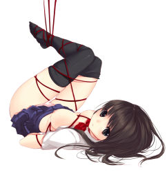 Rule 34 | 1girl, :&lt;, arms behind back, bdsm, black hair, black thighhighs, blush, bondage, bound, breasts, face, feet, full body, itou nanami, long hair, lying, nipples, no bra, on back, open clothes, original, panties, pink panties, school uniform, simple background, skindentation, skirt, small breasts, solo, thigh gap, thighhighs, underwear, upskirt, white background