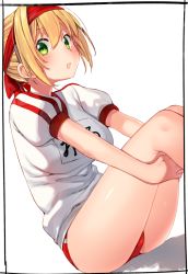 Rule 34 | 1girl, ass, bare legs, blonde hair, breasts, buruma, fate/grand order, fate (series), green eyes, gym uniform, hair ribbon, highres, hugging own legs, kei (soundcross), knees up, large breasts, looking at viewer, name tag, nero claudius (fate), nero claudius (fate) (all), nero claudius (fate/extra), official alternate costume, open mouth, puffy short sleeves, puffy sleeves, red buruma, red ribbon, ribbon, shadow, shirt, short hair, short sleeves, sidelocks, sitting, solo, thighs, white shirt