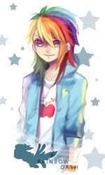 Rule 34 | 1girl, apple, bad id, bad pixiv id, character name, food, fruit, jacket, leng, multicolored hair, my little pony, my little pony: friendship is magic, personification, purple eyes, rainbow dash, rainbow hair, shirt, smile, solo, star (symbol), t-shirt