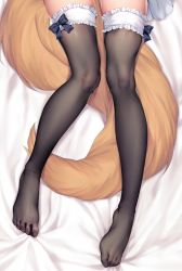 Rule 34 | 1girl, bed sheet, black bow, bow, commentary request, fate (series), feet, fox tail, frilled thighhighs, frills, highres, legs, lower body, lying, maid, obiwan, official alternate costume, on back, out of frame, see-through, see-through legwear, solo, tail, tamamo (fate), tamamo no mae (fate/extra), tamamo no mae (tailmaid strike) (fate), thighhighs, toes