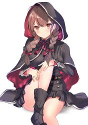 Rule 34 | 1girl, absurdres, belt, black capelet, black dress, black footwear, boots, braid, breasts, brown belt, brown eyes, brown hair, capelet, dress, highres, hood, hood up, hooded capelet, kantai collection, large breasts, long hair, looking at viewer, o-sirius, pleated dress, red ribbon, ribbon, shinshuu maru (kancolle), simple background, sitting, solo, twin braids, white background