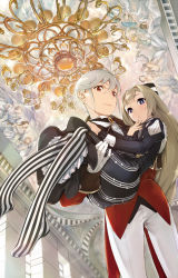 Rule 34 | 1boy, 1girl, blonde hair, blue eyes, bow, carrying, chandelier, coat, dress, formal, from below, gloves, hair bow, long hair, looking down, mikurou (nayuta), original, pantyhose, princess carry, red eyes, silver hair, smile, striped clothes, striped legwear, striped pantyhose, vertical-striped clothes, vertical-striped pantyhose, white gloves