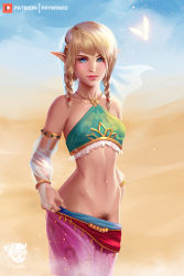 Rule 34 | 1girl, arabian clothes, artist name, blonde hair, blue eyes, braid, breasts, character request, clothes pull, crop top, detached sleeves, female pubic hair, garter belt, hyrule warriors, linkle, medium hair, midriff, nintendo, outdoors, pants, pants pull, pointy ears, prywinko, pubic hair, pulled by self, small breasts, solo, standing, tagme, the legend of zelda, twin braids