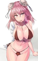 Rule 34 | 1girl, bandaged arm, bandages, bare shoulders, bikini, bikini in mouth, breasts, bun cover, clothes in mouth, collarbone, commentary request, cowboy shot, double bun, groin, hair between eyes, hair bun, head tilt, highres, ibaraki kasen, large breasts, long hair, looking at viewer, mouth hold, navel, one-hour drawing challenge, pink eyes, pink hair, red bikini, solo, stomach, swimsuit, thighs, touhou, white background, y2