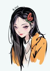 Rule 34 | 1girl, animification, aoye de a diu, artist name, black hair, chinese commentary, grey background, hair ornament, hairclip, heart, heart-shaped pupils, highres, hood, hoodie, itzy, k-pop, orange hoodie, pink pupils, portrait, real life, red lips, smile, solo, sweater, symbol-shaped pupils, white sweater, yeji (itzy)