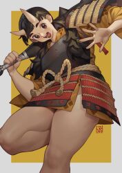 Rule 34 | 1girl, :d, armor, black hair, blunt bangs, border, breastplate, brown eyes, chipped tooth, club, club (weapon), commentary, dungeon meshi, epaulettes, highres, holding club, holding weapon, horns, inutade, japanese armor, japanese clothes, kanabou, kimono, kusazuri, low twintails, mole, mole under eye, oni, open mouth, poch4n, sash, short kimono, signature, skin-covered horns, smile, solo, spiked club, thick thighs, thighs, twintails, waraji, weapon, white border, yellow background, yellow kimono