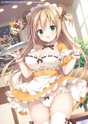 Rule 34 | 1girl, :d, animal ears, apron, bear ears, bear hair ornament, blush, bow, bow panties, breasts, brown hair, brown ribbon, cleavage, commentary request, day, dress, frilled dress, frilled panties, frills, green eyes, hair ornament, hair ribbon, hairclip, hands up, holding, holding tray, indoors, izuminanase, long hair, maid, maid headdress, medium breasts, open mouth, original, panties, parfait, puffy short sleeves, puffy sleeves, ribbon, short sleeves, smile, solo, sunlight, thighhighs, tray, two side up, underwear, very long hair, waist apron, white apron, white panties, white thighhighs, window, wrist cuffs, yellow dress
