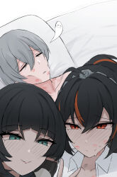 1boy 2girls absurdres blush cheekbones closed_mouth exhausted giving_up_the_ghost greyscale guy_tired_after_sex_(meme) highres implied_bisexual jane_doe_(zenless_zone_zero) lipstick_mark lipstick_mark_on_face looking_at_viewer meme metal_hairband monochrome multicolored_hair multiple_girls namikare on_bed ponytail selfie smile streaked_hair sunken_cheeks v wise_(zenless_zone_zero) zenless_zone_zero zhu_yuan