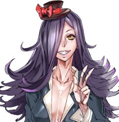 Rule 34 | 1girl, bow, breasts, cleavage, collarbone, freckles, large breasts, lipstick, long hair, original, purple hair, sharp teeth, simple background, smile, solo, suit, teeth, top hat, v, v-neck, white background, yellow eyes, zunta
