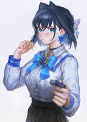Rule 34 | 1girl, absurdres, artofkuzu, bandaid, blue eyes, blue hair, blush, bow, bow earrings, bowtie, breasts, choker, commentary, earrings, english commentary, hair between eyes, hair intakes, highres, holding, hololive, hololive english, jewelry, long sleeves, looking at viewer, ouro kronii, simple background, solo, valentine, virtual youtuber, white background