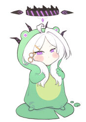 Rule 34 | 1girl, ahoge, alternate costume, animal costume, blue archive, blush stickers, chibi, commentary request, demon girl, demon horns, frog costume, full body, hair ornament, hairclip, halo, highres, hina (blue archive), horns, long hair, long sleeves, looking at viewer, pajamas, parted bangs, puffy cheeks, purple eyes, sidelocks, simple background, solo, standing, white background, white hair, yosik