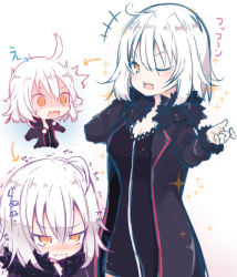 Rule 34 | +++, 1girl, :t, ;d, ^^^, ahoge, beni shake, black coat, black dress, blush, closed mouth, coat, dress, fate/grand order, fate (series), fur-trimmed coat, fur-trimmed sleeves, fur trim, hair between eyes, jeanne d&#039;arc (fate), jeanne d&#039;arc alter (fate), jeanne d&#039;arc alter (ver. shinjuku 1999) (fate), long hair, long sleeves, looking at viewer, multiple views, official alternate costume, one eye closed, open clothes, open coat, open mouth, orange eyes, pout, smile, sparkle, surprised, trembling, wavy mouth, white hair