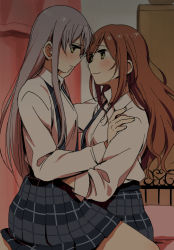 Rule 34 | 2girls, :3, bang dream!, blush, brown eyes, brown hair, collared shirt, dark room, eye contact, face-to-face, flat color, hand on another&#039;s cheek, hand on another&#039;s face, hand on another&#039;s shoulder, imai lisa, long sleeves, looking at another, minato yukina, multiple girls, murata (igaratara), plaid, plaid skirt, pleated skirt, shirt, silver hair, sitting, sitting on lap, sitting on person, skirt, smile, suspender skirt, suspenders, yellow eyes, yuri