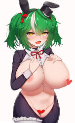 Rule 34 | 1girl, 5danny1206, :d, absurdres, animal ears, black hat, breasts, censored, fake animal ears, fang, green hair, hair between eyes, hat, heart, heart censor, heart maebari, heart pasties, highres, huge breasts, looking at viewer, maebari, meme attire, mini hat, multicolored hair, navel, nipples, open mouth, original, pasties, rabbit ears, red neckwear, red ribbon, reverse bunnysuit, reverse outfit, ribbon, short hair, simple background, skin fang, smile, solo, streaked hair, twintails, white background, white hair, yellow eyes