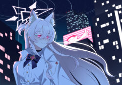 Rule 34 | 1girl, akira (blue archive), animal ear fluff, doodle sensei (blue archive), black choker, blue archive, blue bow, bow, building, cameo, cape, choker, commentary request, facing away, hair between eyes, half updo, halo, highres, long hair, long sleeves, looking away, night, night sky, outdoors, red eyes, screen, sensei (blue archive), shirt, sidelocks, sky, skyline, skyscraper, solo, star (sky), starry sky, thumbs up, tost (cloi123), white hair, white shirt, wind
