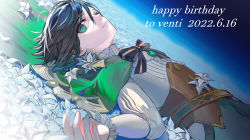 Rule 34 | 1boy, androgynous, black hair, blue hair, bow, braid, brooch, cape, character name, closed mouth, collared cape, collared shirt, commentary request, corset, dated, dutch angle, english text, flower, frilled sleeves, frills, gem, genshin impact, gradient hair, green cape, green eyes, happy birthday, highres, jewelry, long sleeves, looking at viewer, lying, male focus, multicolored hair, on back, shirt, short hair with long locks, side braids, sidelocks, smile, solo, twin braids, vanink, venti (genshin impact), white flower, white shirt