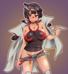 Rule 34 | 10s, 1girl, bad id, bad pixiv id, black eyes, black hair, blush, breasts, cloak, clothes pull, creatures (company), earrings, game freak, gradient background, groin, jewelry, large breasts, nintendo, no panties, pokemon, pokemon oras, pulling own clothes, purple background, short hair, short ponytail, short shorts, shorts, shorts pull, smile, solo, sweatdrop, zaitsu, zinnia (pokemon)