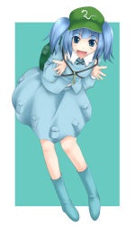 Rule 34 | 1girl, :o, blue background, blue dress, blue eyes, blue hair, blush, boots, border, collar, crossed arms, dress, embarrassed, female focus, flat cap, full body, hat, kawashiro nitori, key, knee boots, long sleeves, looking at viewer, matching hair/eyes, mitsuki (pixiv11671), mitsuki (toriaezu), open mouth, rubber boots, short hair, simple background, solo, standing, surprised, touhou, two side up
