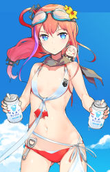 Rule 34 | 1girl, absurdres, aosora kamiya, beer can, bikini, blue eyes, blush, breasts, can, chibi, closed mouth, cloud, cloudy sky, collarbone, cowboy shot, day, drink can, flower, front-tie bikini top, front-tie top, girls&#039; frontline, gluteal fold, goggles, goggles on head, hair flower, hair ornament, highres, kerchief, long hair, looking at viewer, low-tied long hair, m4 sopmod ii (girls&#039; frontline), mismatched bikini, multicolored clothes, multicolored swimsuit, navel, on shoulder, one side up, outdoors, parted lips, red bikini, red hair, revealing clothes, side-tie bikini bottom, sky, small breasts, solo, st ar-15 (girls&#039; frontline), suntory, swimsuit, thighs, two-tone swimsuit, wavy hair, white bikini, yellow flower