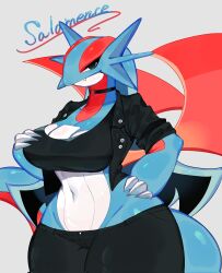 Rule 34 | black eyes, blue hair, blue skin, breasts, claws, cleavage, colored skin, creatures (company), dragon girl, dragon tail, dragon wings, fangs, game freak, gen 3 pokemon, highres, horns, huge breasts, jacket, long hair, looking at viewer, midriff, navel, nintendo, pants, pokemon, pokemon (creature), red skin, reptile girl, salamence, smile, tail, thick thighs, thighs, togetoge, white skin, wide hips, wings