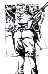 Rule 34 | 1boy, absurdres, artist name, belt, belt pouch, cloak, closed mouth, commentary request, crosshatching, dated, facial hair, facial scar, feet out of frame, goatee, golden kamuy, greyscale, gun, hair slicked back, half-closed eyes, hand on own head, hatching (texture), highres, holding, holding gun, holding weapon, hood, hood down, hooded cloak, jacket, light smile, long sleeves, looking at viewer, male focus, military uniform, monochrome, mushroom (osh320), ogata hyakunosuke, outside border, pants, pouch, rifle, scar, scar on cheek, scar on face, snow, solo, standing, undercut, uniform, weapon