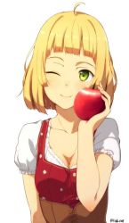 Rule 34 | 1girl, ;), ahoge, apple, bad id, bad twitter id, blonde hair, blouse, blunt bangs, blush, breasts, closed mouth, corset, food, fruit, green eyes, holding, holding food, holding fruit, kinta (distortion), looking at viewer, medium breasts, one eye closed, original, shirt, short hair, simple background, smile, solo, twitter username, white background, white shirt