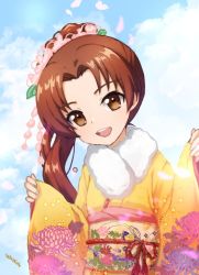 Rule 34 | 1girl, alternate hairstyle, artist name, blue sky, brown eyes, brown hair, cloud, cloudy sky, commentary, floral print, fur scarf, furisode, girls und panzer, hair ornament, head tilt, japanese clothes, kadotani anzu, kimono, long hair, long sleeves, looking at viewer, obi, open mouth, parted bangs, petals, ponytail, print kimono, sash, signature, sky, smile, solo, standing, wide sleeves, yellow kimono, yu sakurai06