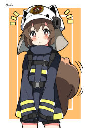 Rule 34 | 1girl, :&lt;, absurdres, arknights, black coat, black gloves, black shorts, blush, border, brown eyes, brown hair, coat, commentary, cowboy shot, fire helmet, firefighter jacket, gloves, hendra, highres, inset border, jacket, looking at viewer, panties, shaw (arknights), short hair, shorts, signature, simple background, sleeves past wrists, solo, squirrel girl, squirrel tail, tail, underwear, white background, white panties, yellow background