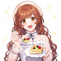 Rule 34 | 1girl, :d, absurdres, brown eyes, brown hair, character request, dessert, dress, earrings, food, gabi&#039;s room, highres, holding, holding plate, holding spoon, jewelry, long hair, open mouth, plate, see-through, shiraho (m shiraho), simple background, smile, spoon, wavy hair, white background, white dress