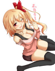 Rule 34 | 1girl, absurdres, aged up, alternate costume, amagi (amagi626), bare shoulders, black thighhighs, blush, bow, breasts, casual, cleavage, commentary request, contemporary, detached sleeves, flandre scarlet, hair between eyes, hair bow, hair ribbon, highres, large breasts, looking at viewer, no headwear, one eye closed, red eyes, ribbon, short shorts, shorts, side ponytail, simple background, sitting, solo, thighhighs, thighs, touhou, translated, wariza, wavy mouth, white background, yawning