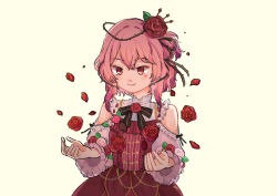 Rule 34 | 127, 1girl, absurdres, clothing cutout, commentary, dress, english commentary, flower, hair flower, hair ornament, highres, lolita fashion, nijisanji, nijisanji en, open hands, petals, red dress, red flower, red rose, rose, rosemi lovelock, rosemi lovelock (1st costume), short sidetail, shoulder cutout, simple background, smile, solo, virtual youtuber, white background