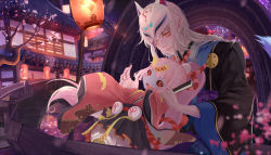 Rule 34 | 1boy, 1girl, architecture, black sclera, blue skin, bridge, cherry blossoms, colored sclera, colored skin, east asian architecture, eye contact, fangs, gold trim, japanese clothes, kitsune, lantern, long hair, looking at another, mask, monster girl, onmyoji, onmyouji, open mouth, outdoors, paper lantern, pink hair, pointy ears, ponytail, red eyes, shan-n, tiaotiaomeimei, white hair, wide sleeves, youko (onmyoji)